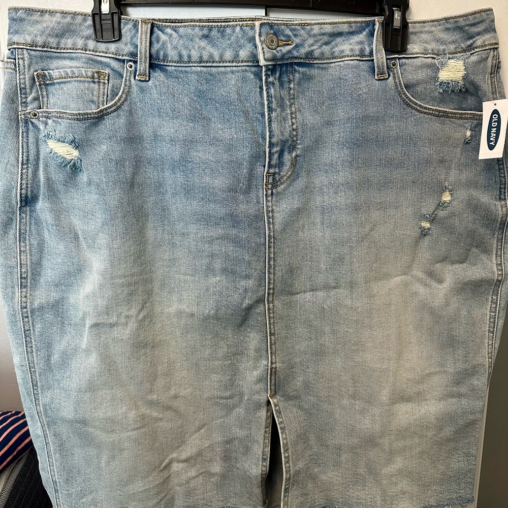 Old Navy Light Blue Denim Skirt with Front Slit and Distressed Look